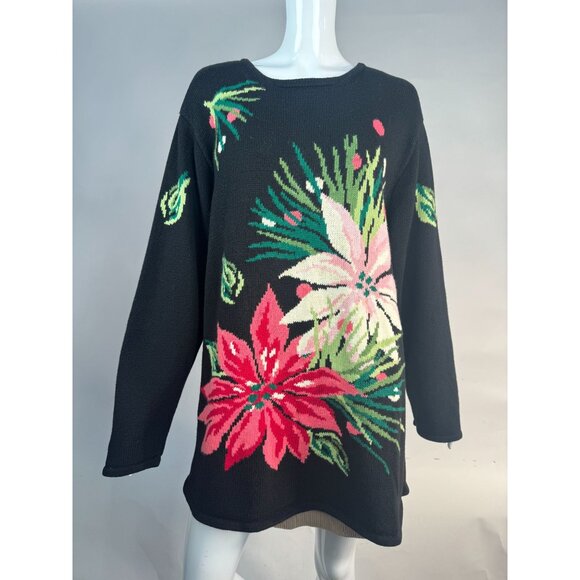 Belle Isle  Poinsettia Holiday Sweater  1X Black   Cotton Blend - Picture 1 of 16